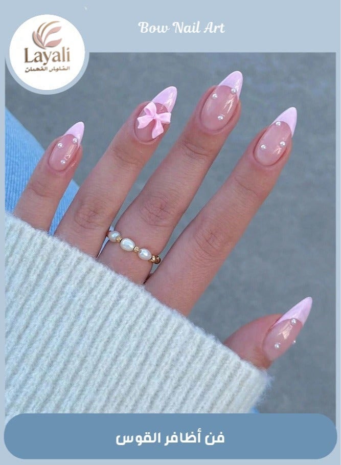 Layali 24-Piece Full Cover False French Tip Press on Nails,Medium Fake Nails Almond Glue on Nails Bow Charm Pearl Design Acrylic Nails(Pink) - Image 1